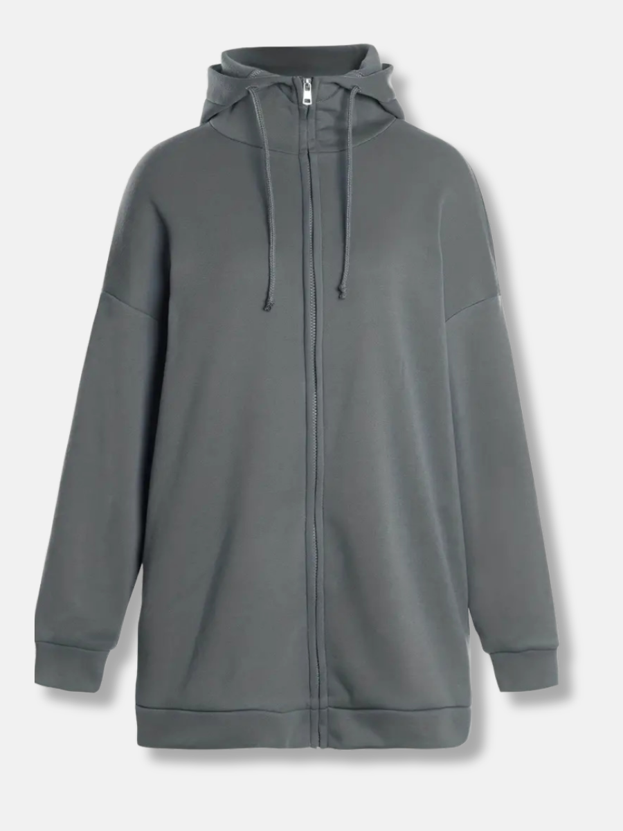 Sweat à capuche long femme avec col montant et zip – confort casual