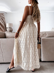 Robe maxi Mara boho chic V-col romantique – lin léger été blanc beige