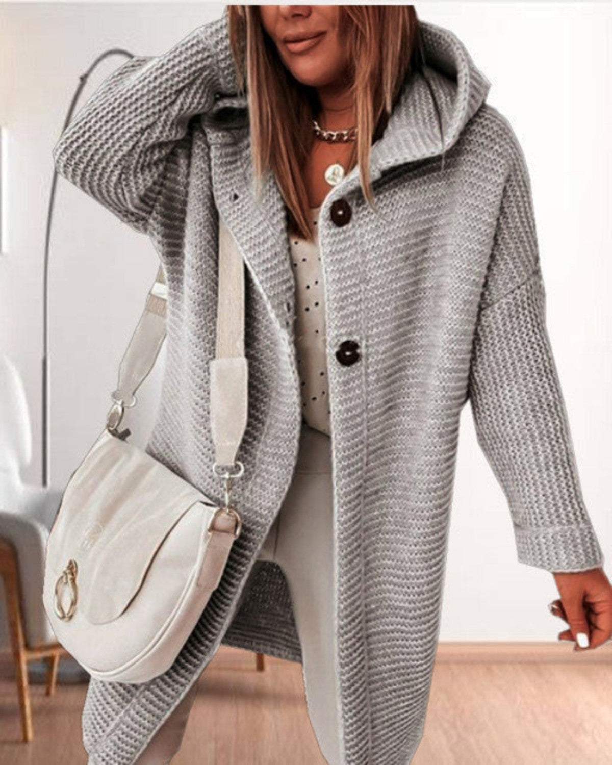 Veste femme casual en maille douce – Capuche & fermeture boutonnée