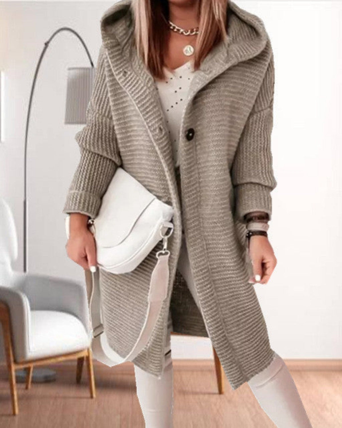 Veste femme casual en maille douce – Capuche & fermeture boutonnée