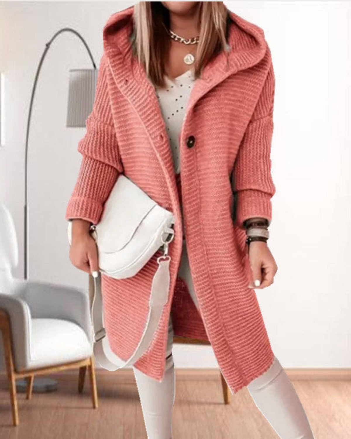 Veste femme casual en maille douce – Capuche & fermeture boutonnée
