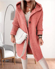 Veste femme casual en maille douce – Capuche & fermeture boutonnée