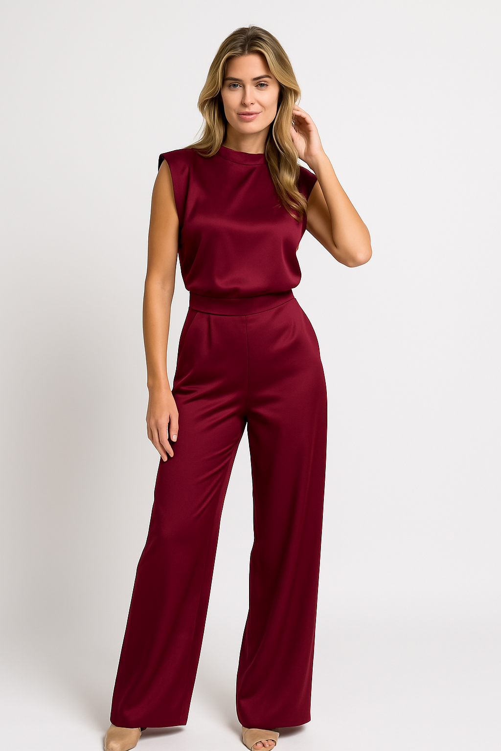 Combinaison femme CATHARINA – effet satin, dos nu & jambes larges