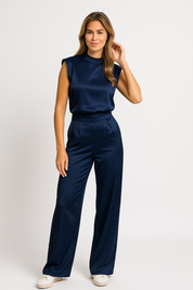 Combinaison femme CATHARINA – effet satin, dos nu & jambes larges