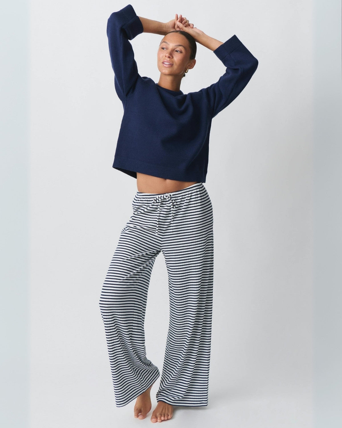Pantalon femme rayé coupe droite – Taille ajustable & style décontracté chic