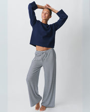 Pantalon femme rayé coupe droite – Taille ajustable & style décontracté chic