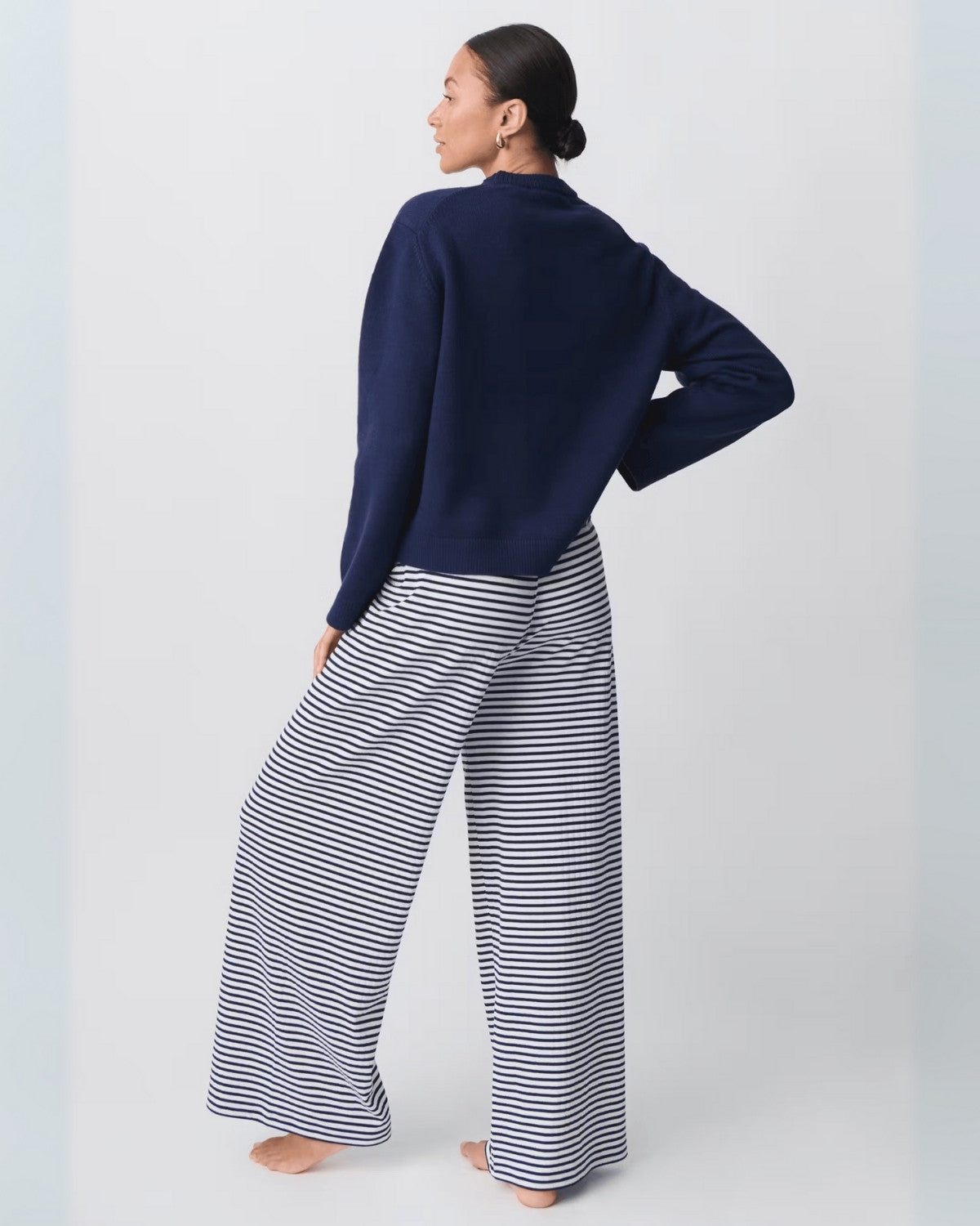 Pantalon femme rayé coupe droite – Taille ajustable & style décontracté chic