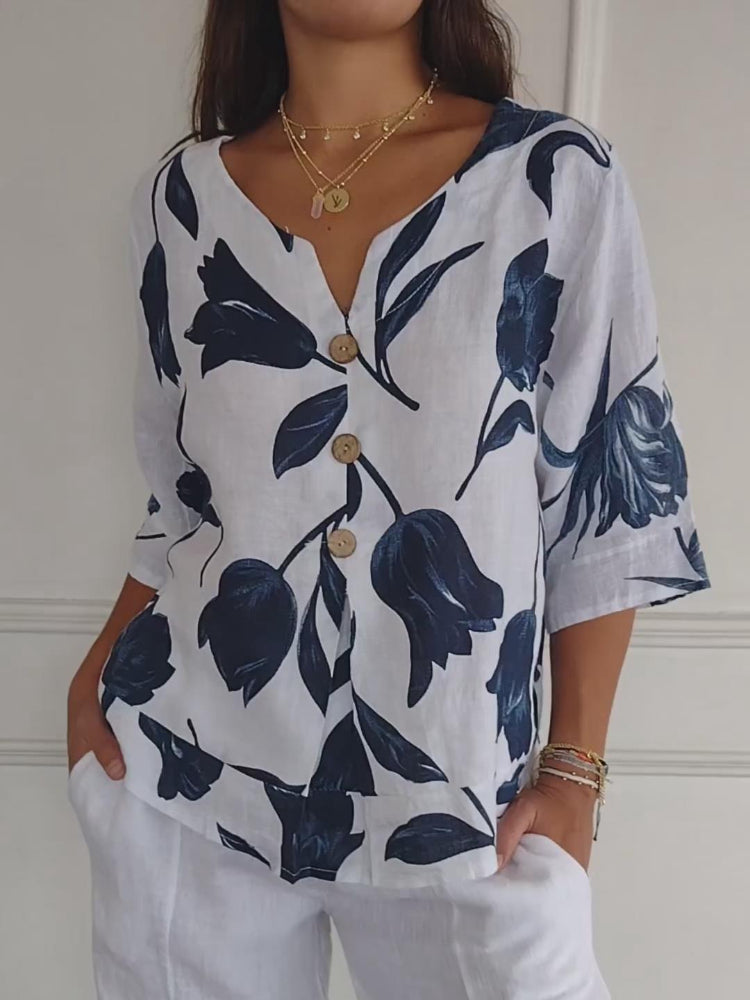Blouse Femme Col V à Imprimé Fleuri – Légère et Élégante pour l’Été