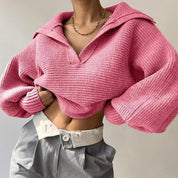 Pull court côtelé col V — coupe oversize & manches longues hiver