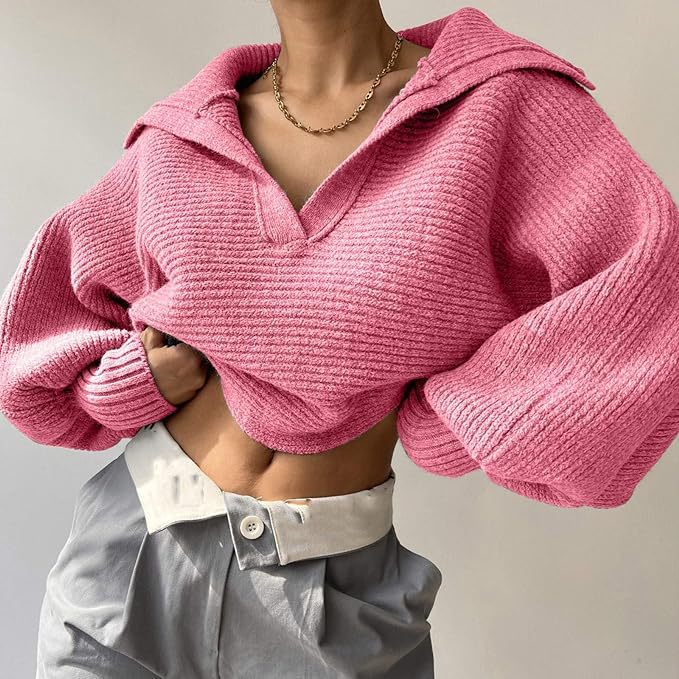 Pull court côtelé col V — coupe oversize & manches longues hiver