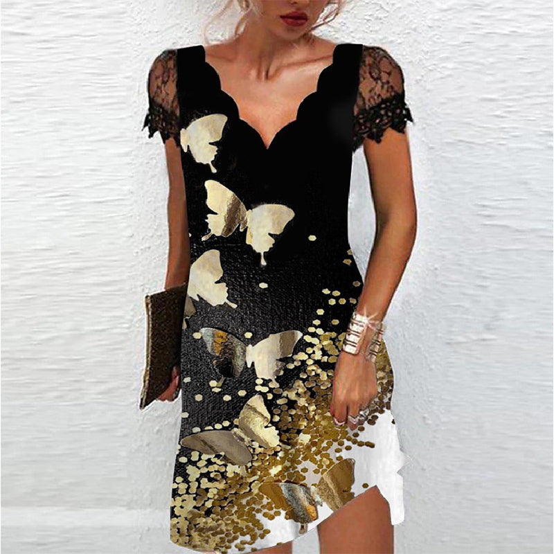 Lucia robe été pailletée femme | Robe glamour avec manches dentelle & col V