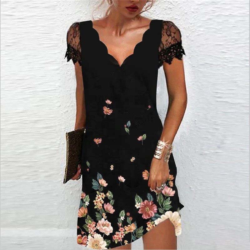 Lucia robe été pailletée femme | Robe glamour avec manches dentelle & col V
