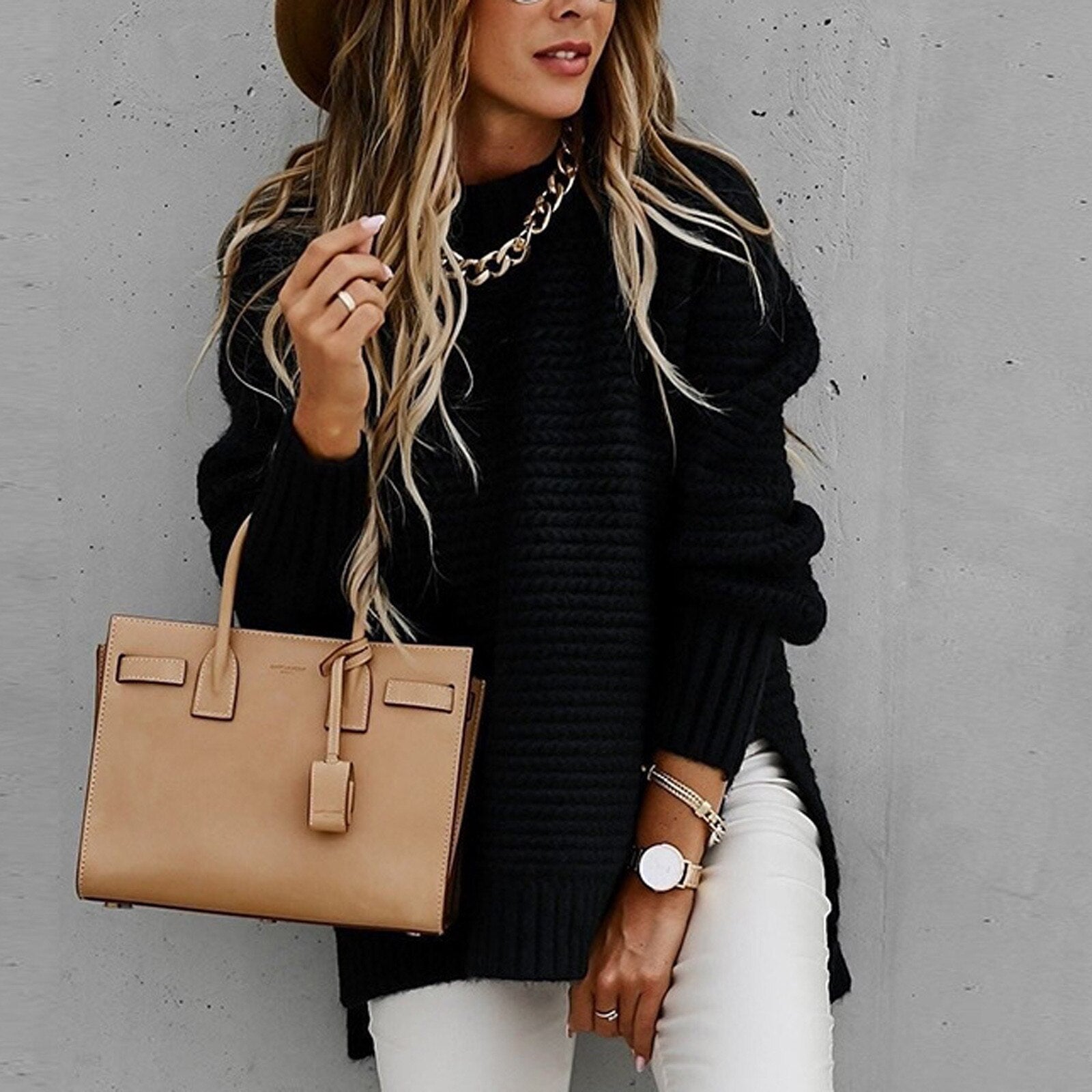 Pull Sofia ample col montant & zijsplit – Tricot doux tendance hiver mode