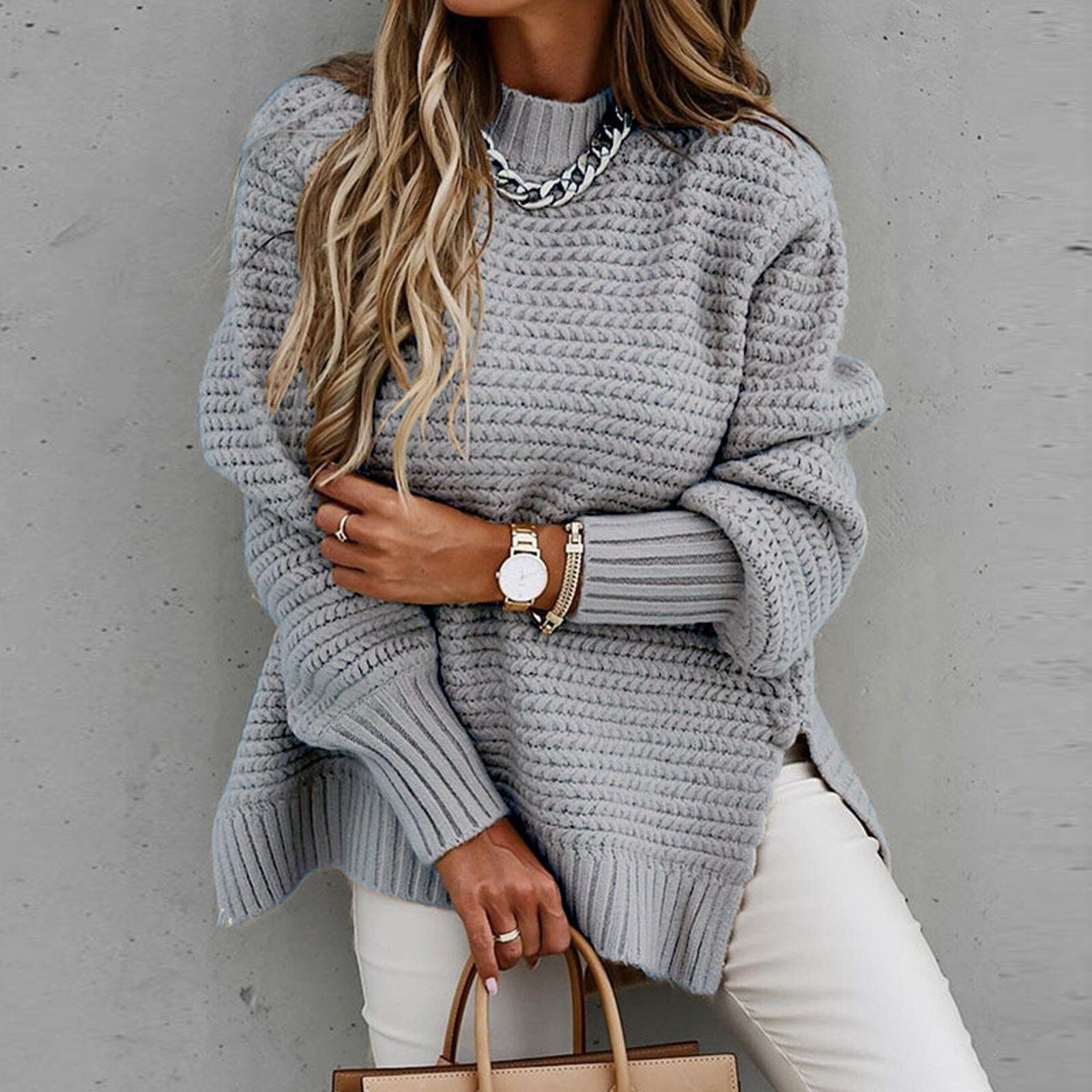 Pull Sofia ample col montant & zijsplit – Tricot doux tendance hiver mode