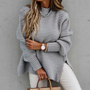 Pull Sofia ample col montant & zijsplit – Tricot doux tendance hiver mode