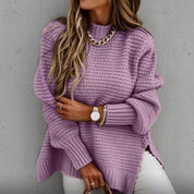 Pull Sofia ample col montant & zijsplit – Tricot doux tendance hiver mode