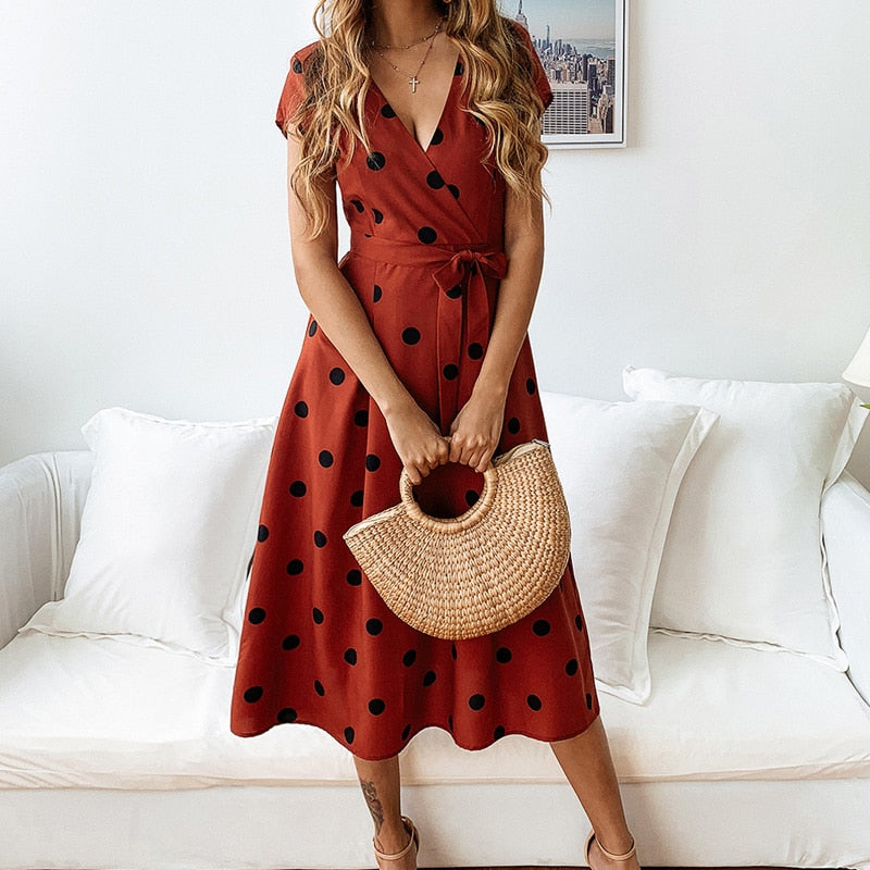 Robe Juna à pois V-col & nœud taille – Doublure anti-transparent été chic