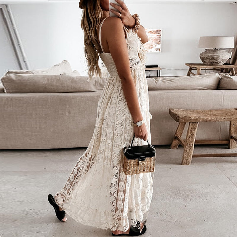 Robe maxi Mara boho chic V-col romantique – lin léger été blanc beige