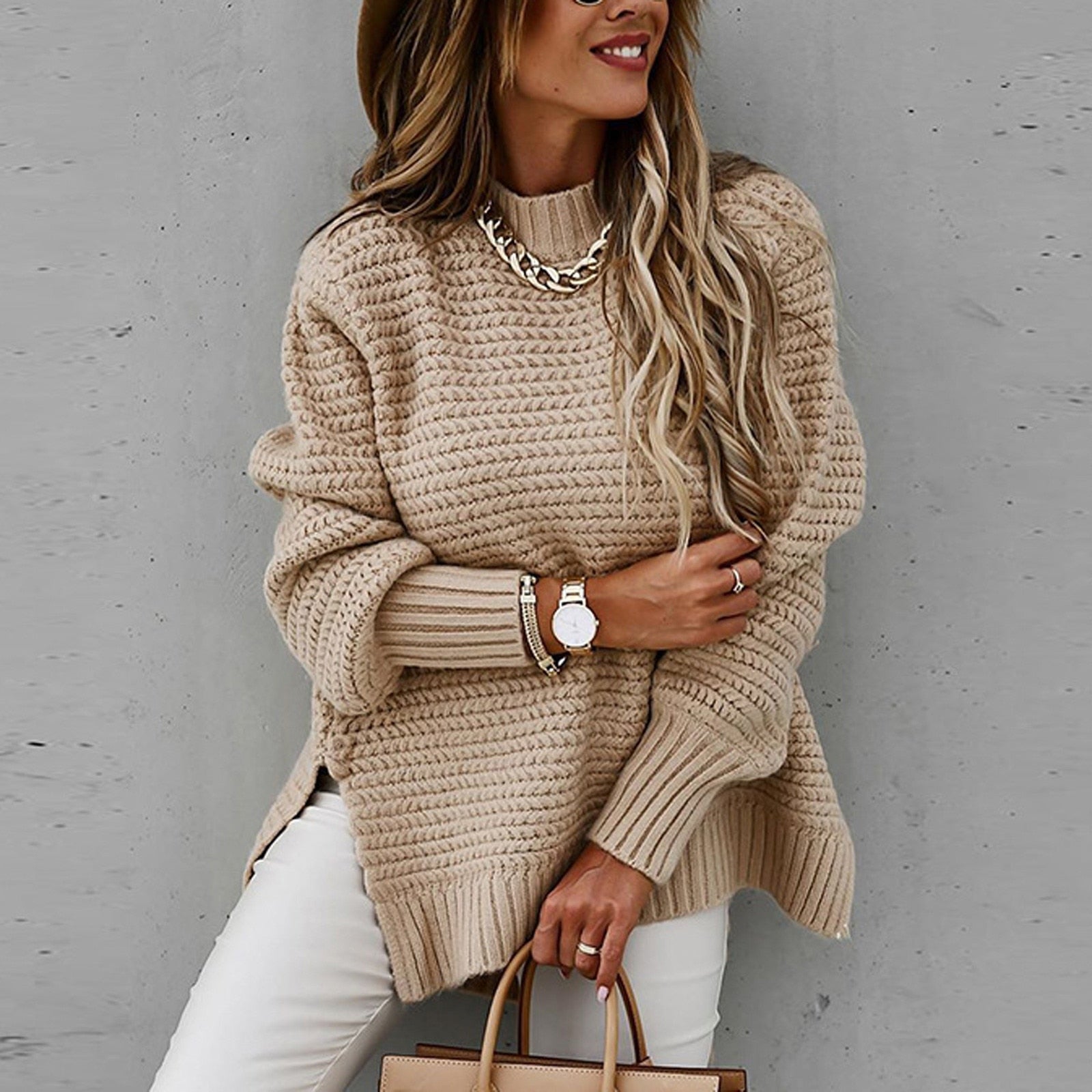 Pull Sofia ample col montant & zijsplit – Tricot doux tendance hiver mode