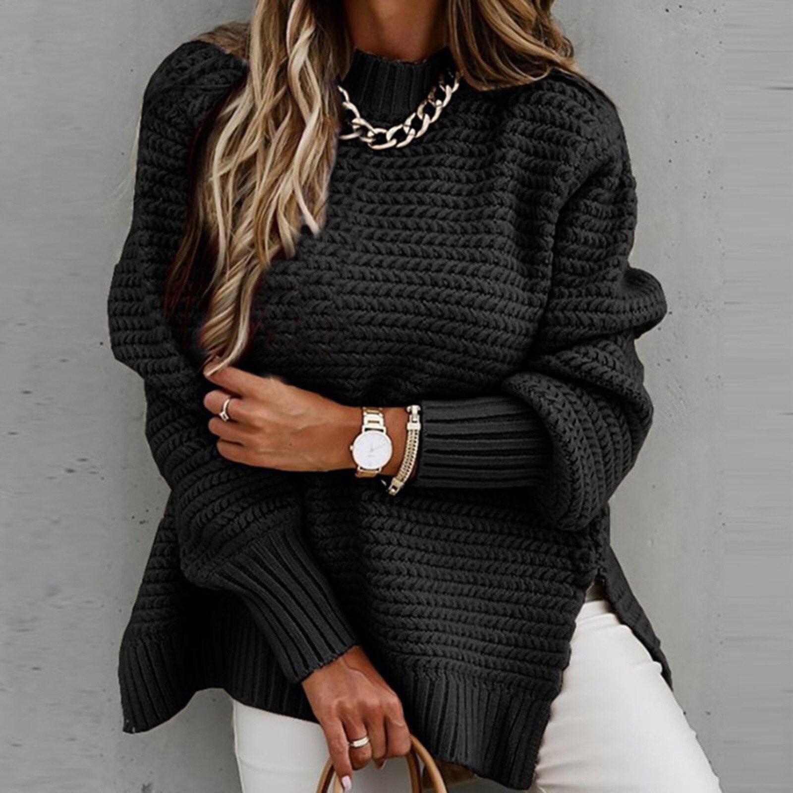 Pull Sofia ample col montant & zijsplit – Tricot doux tendance hiver mode