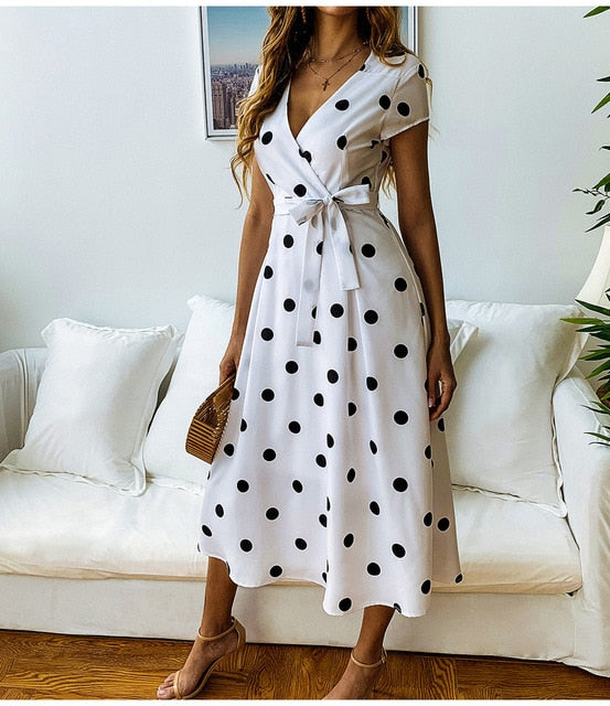 Robe Juna à pois V-col & nœud taille – Doublure anti-transparent été chic