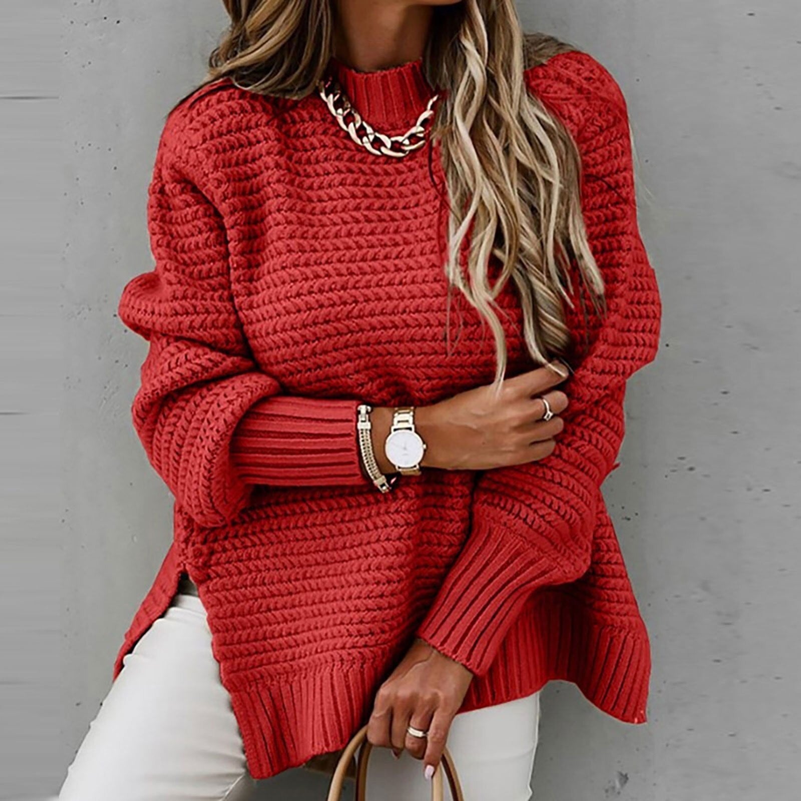 Pull Sofia ample col montant & zijsplit – Tricot doux tendance hiver mode