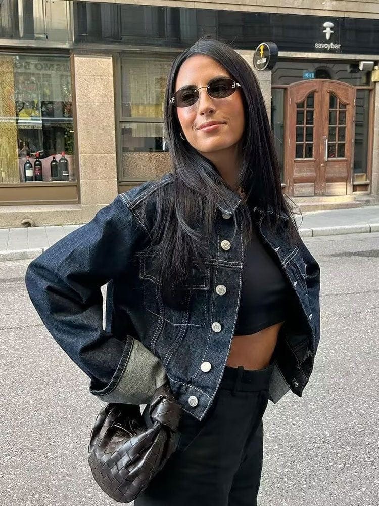 Ensemble femme en denim – Veste à col & pantalon, style chic intemporel