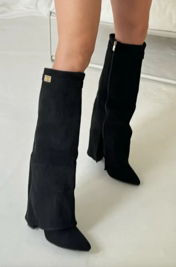 Bottes hautes femme à talon bloc – suède ou cuir avec boucle & fermeture zippée
