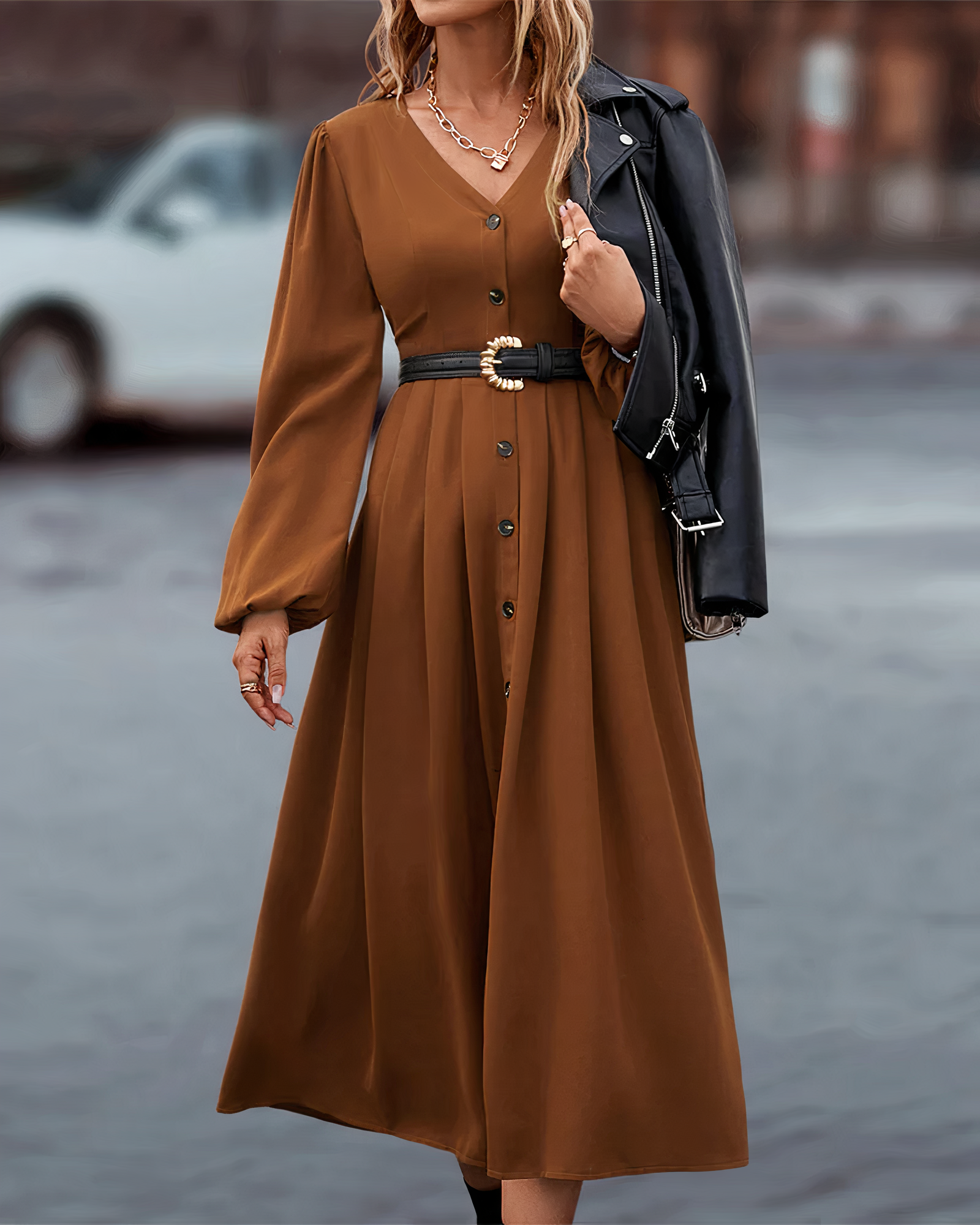 Robe longue Amira femme — maxi automne col V & boutonnée