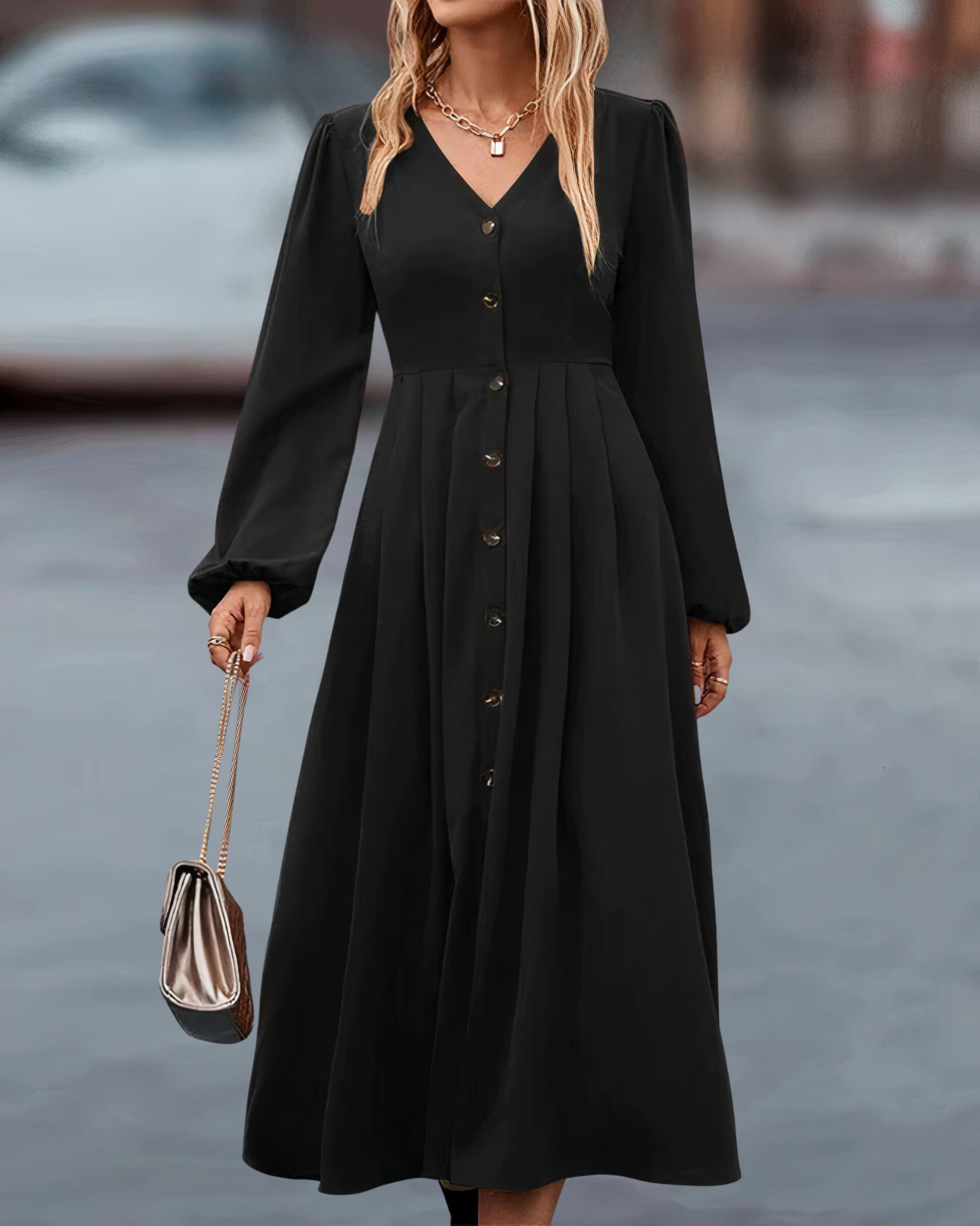 Robe longue Amira femme — maxi automne col V & boutonnée