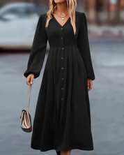 Robe longue Amira femme — maxi automne col V & boutonnée