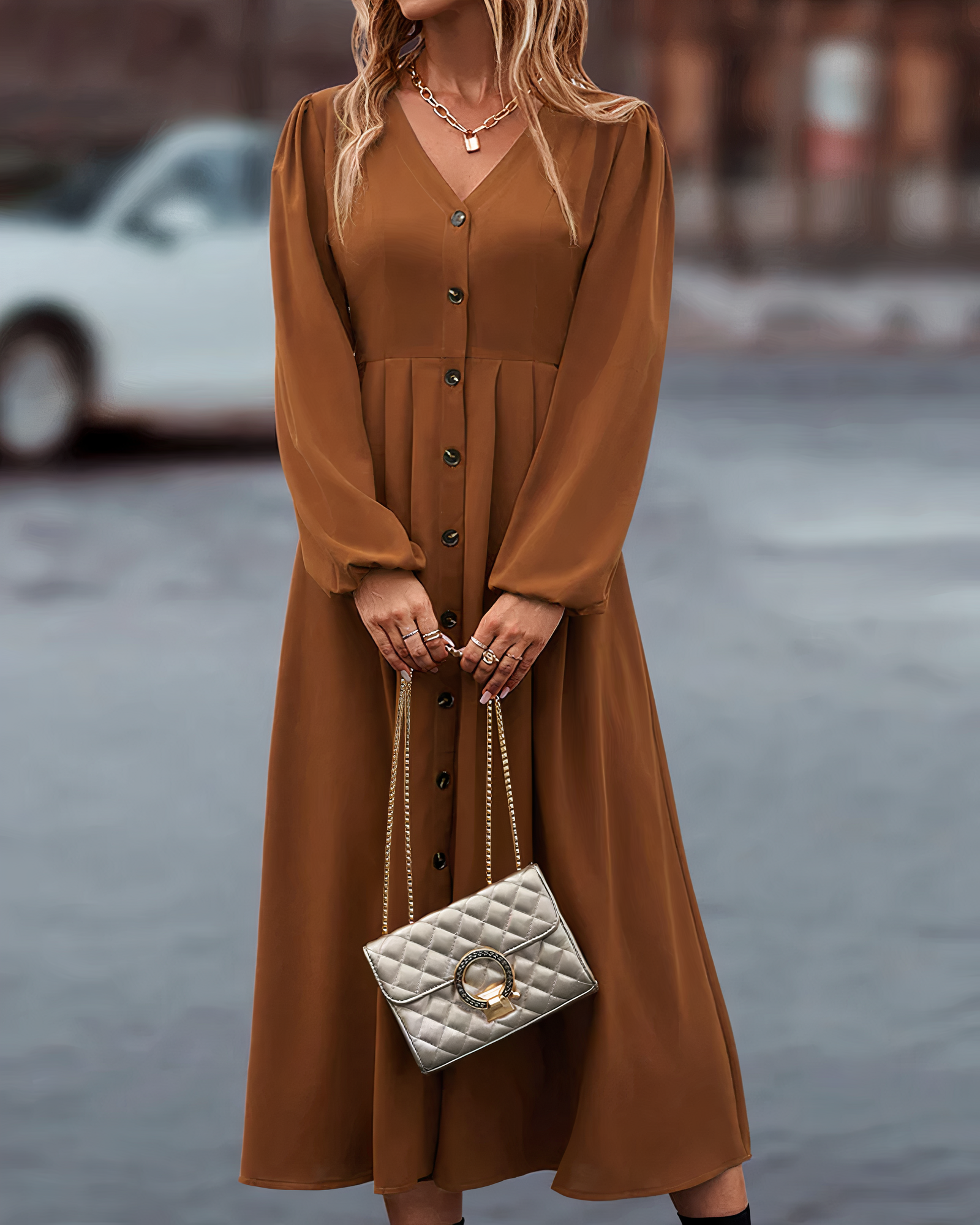 Robe longue Amira femme — maxi automne col V & boutonnée