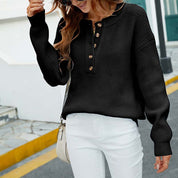 Pull femme basique manches longues col rond & boutons subtils – Maille confortable