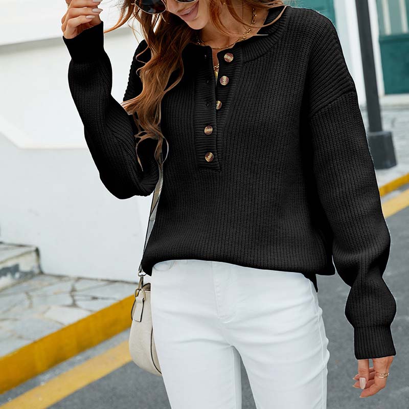 Pull femme basique manches longues col rond & boutons subtils – Maille confortable