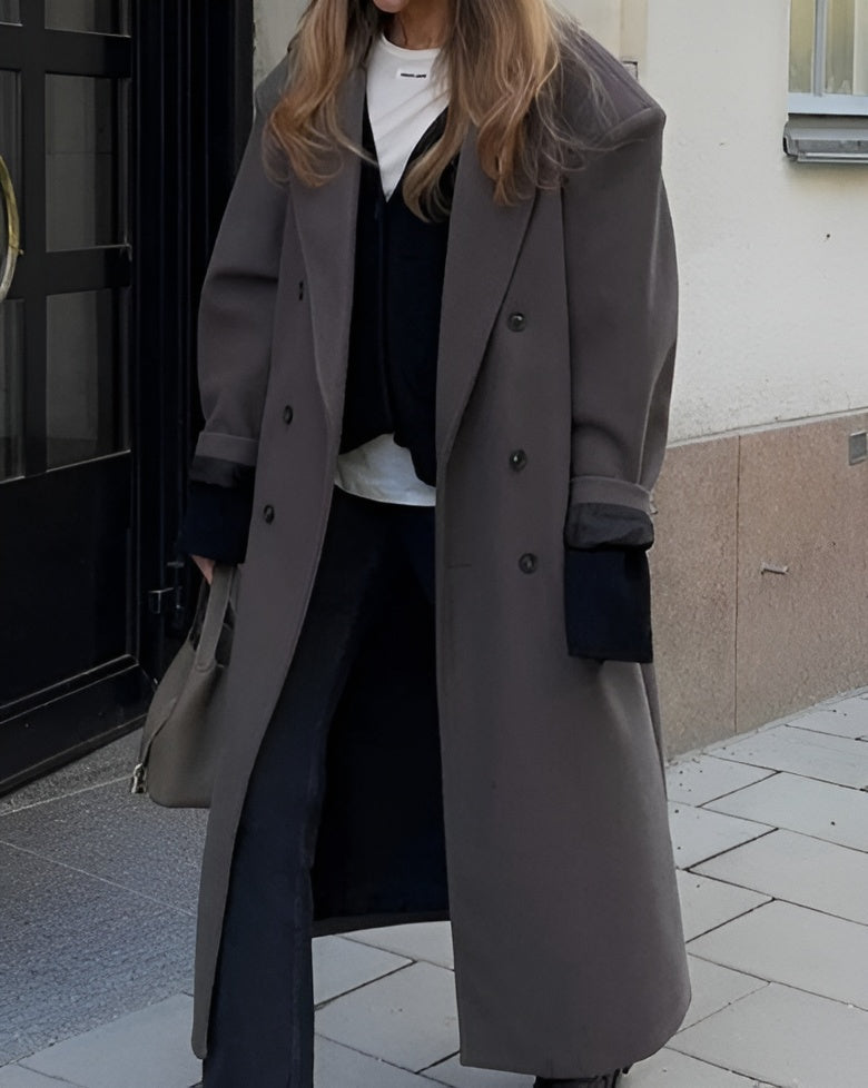Manteau oversize femme à double boutonnage – Long revers statement pour automne