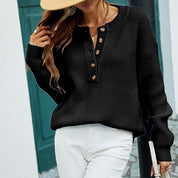 Pull femme basique manches longues col rond & boutons subtils – Maille confortable