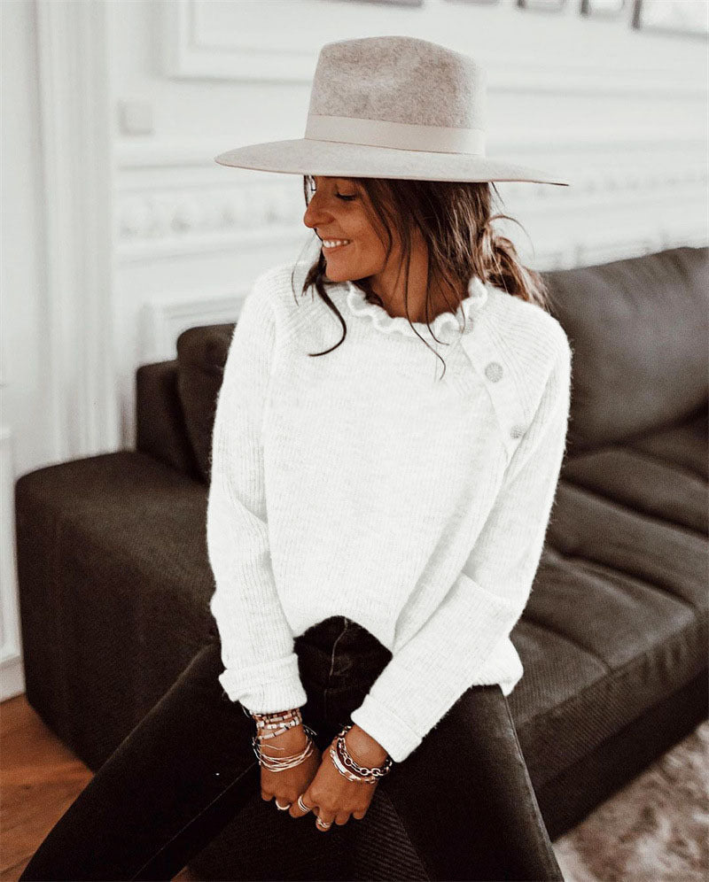 Pull laine mélangée femme — col volanté & détails boutonnés