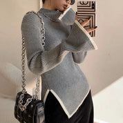 Pull femme manches évasées – tricot élégant col montant demi-saison hiver