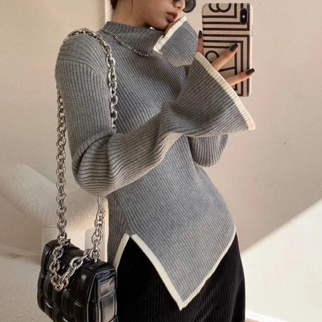 Pull femme manches évasées – tricot élégant col montant demi-saison hiver