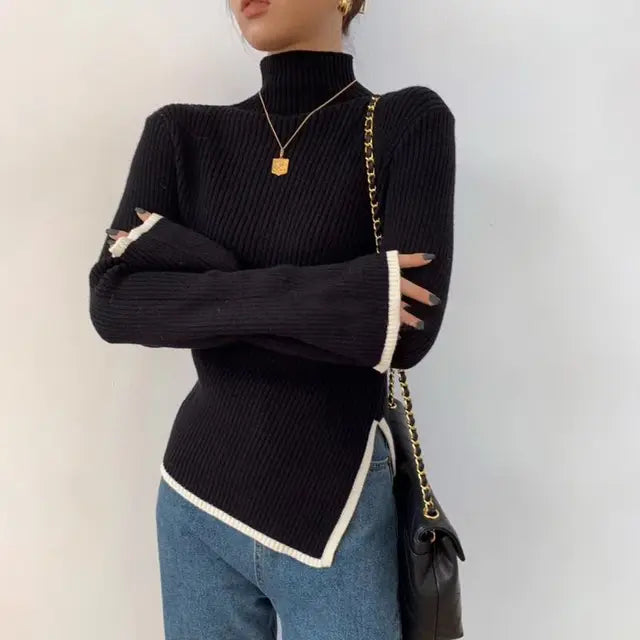 Pull femme manches évasées – tricot élégant col montant demi-saison hiver