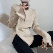 Pull femme manches évasées – tricot élégant col montant demi-saison hiver