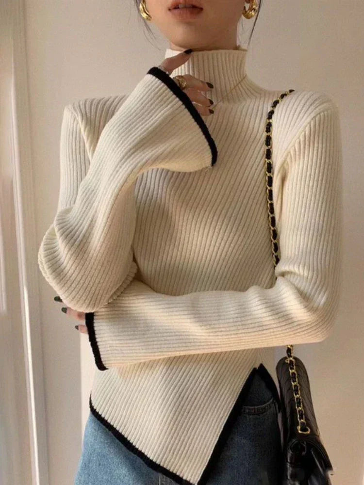 Pull femme manches évasées – tricot élégant col montant demi-saison hiver