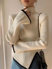 Pull femme manches évasées – tricot élégant col montant demi-saison hiver