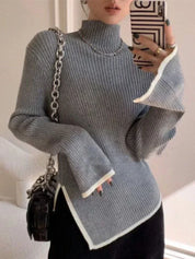 Pull femme manches évasées – tricot élégant col montant demi-saison hiver