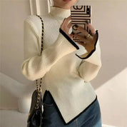 Pull femme manches évasées – tricot élégant col montant demi-saison hiver