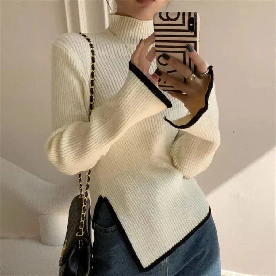 Pull femme manches évasées – tricot élégant col montant demi-saison hiver