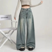 Jean wide leg gris femme – taille haute en denim délavé moderne