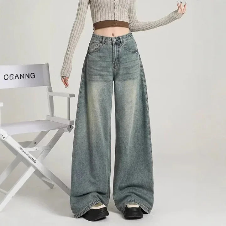 Jean wide leg gris femme – taille haute en denim délavé moderne