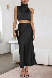 Co-ord satiné halter & maxi-jupe — ensemble festif taille haute