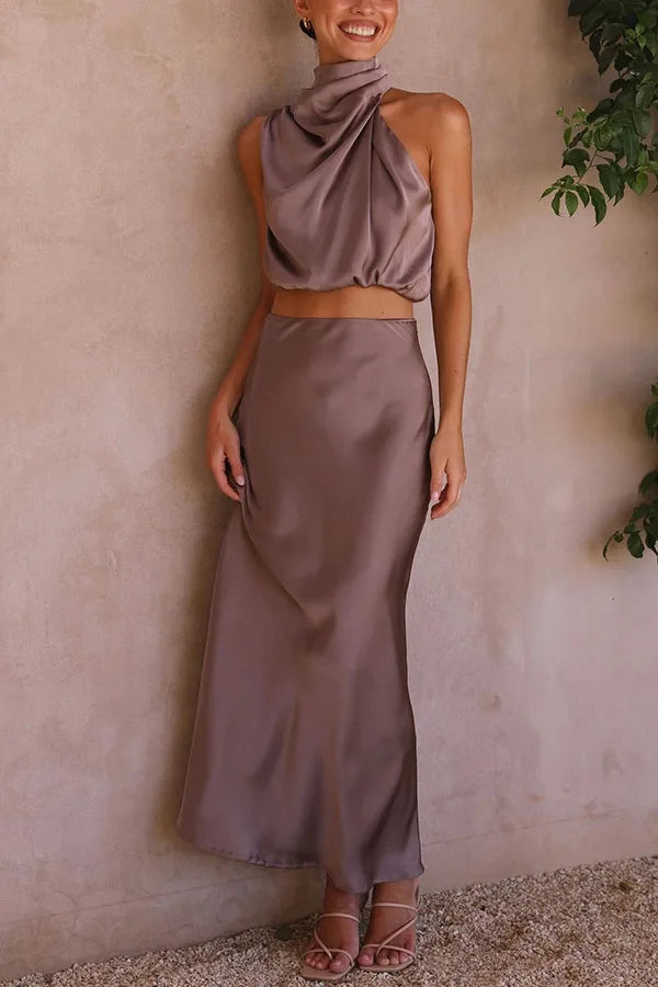 Co-ord satiné halter & maxi-jupe — ensemble festif taille haute